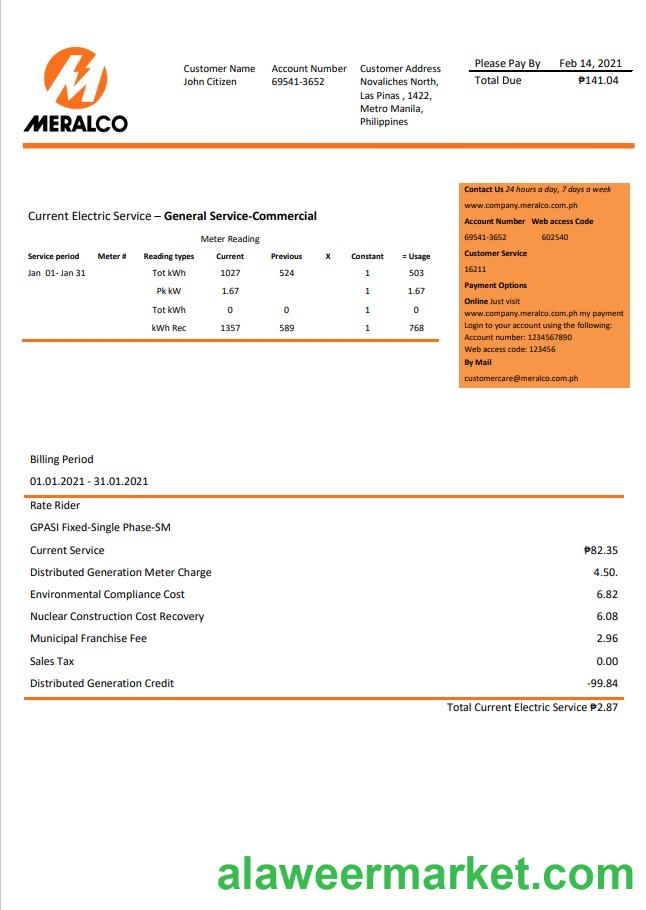 Philippines Manila Electric Company (Meralco) electricity utility bill Word and PDF template